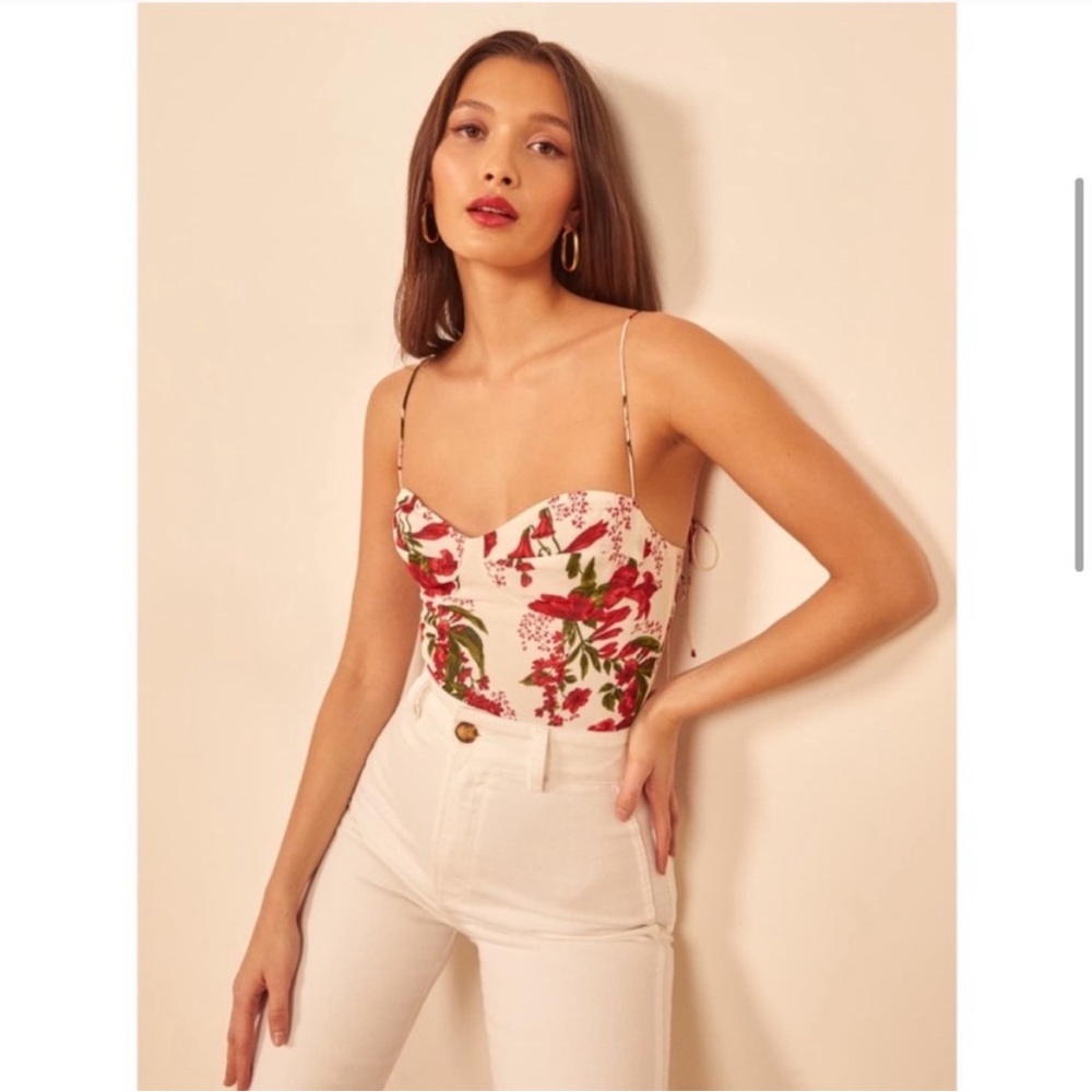 Reformation Floral Bustier Top in Cream and Red